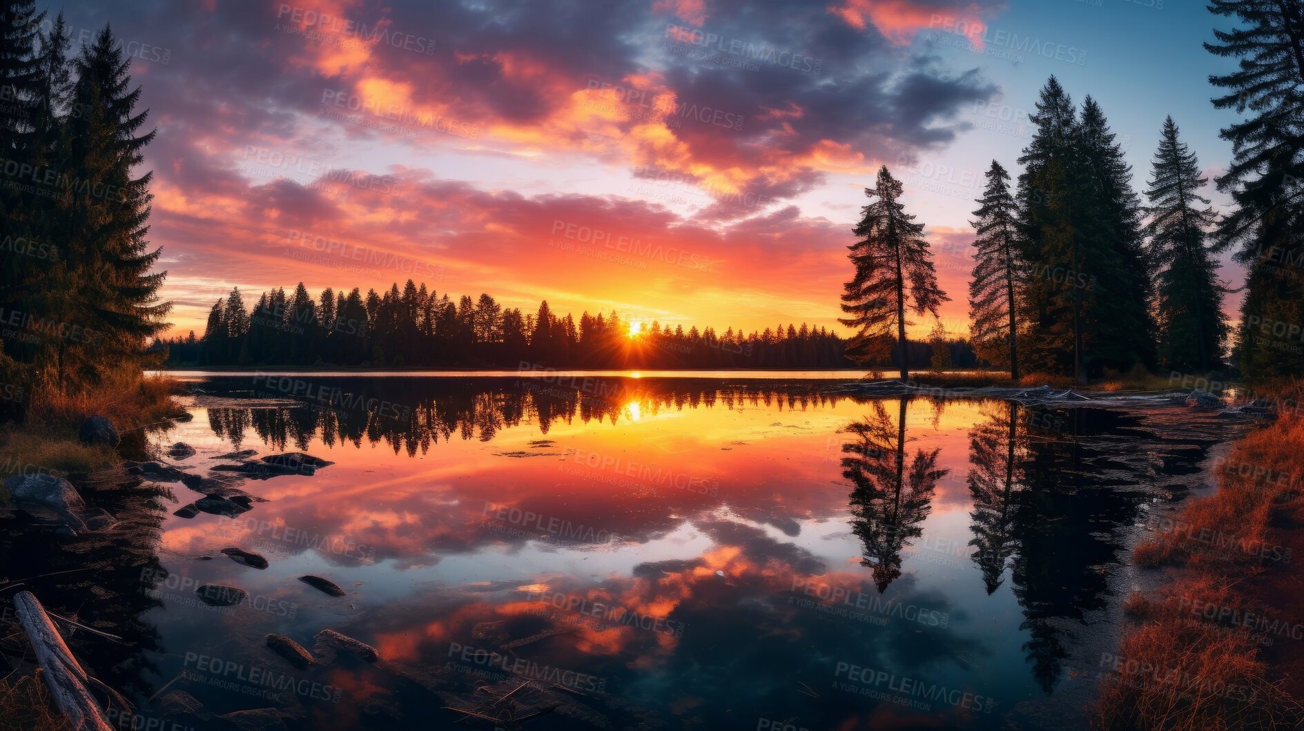 Buy stock photo Views of beautiful lake during  colourful sunset. Reflection on crystal clear waters.