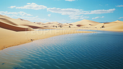 Crystal clear lake in desert area. Sand hills and blue sky. Oasis, tourism concept.