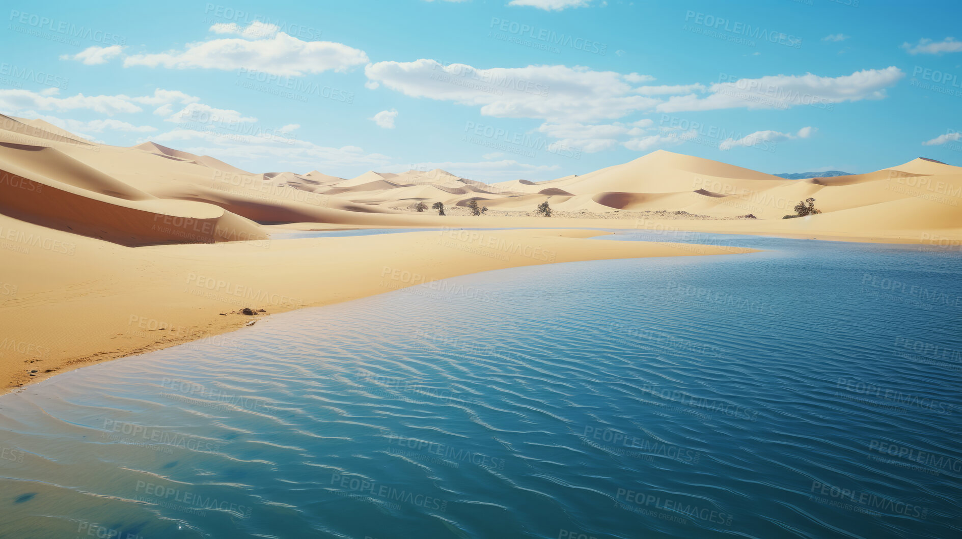 Buy stock photo Crystal clear lake in desert area. Sand hills and blue sky.