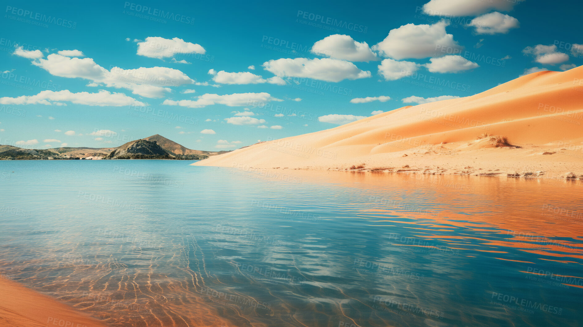 Buy stock photo Crystal clear lake in desert area. Sand hills and blue sky. Oasis, tourism concept.