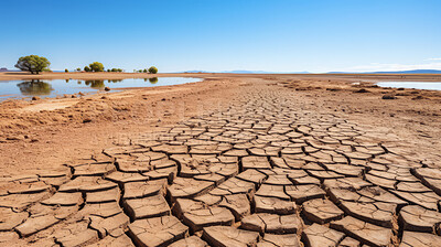 Dried up lake in desert area. Dry cracked soil. Global warming concept.
