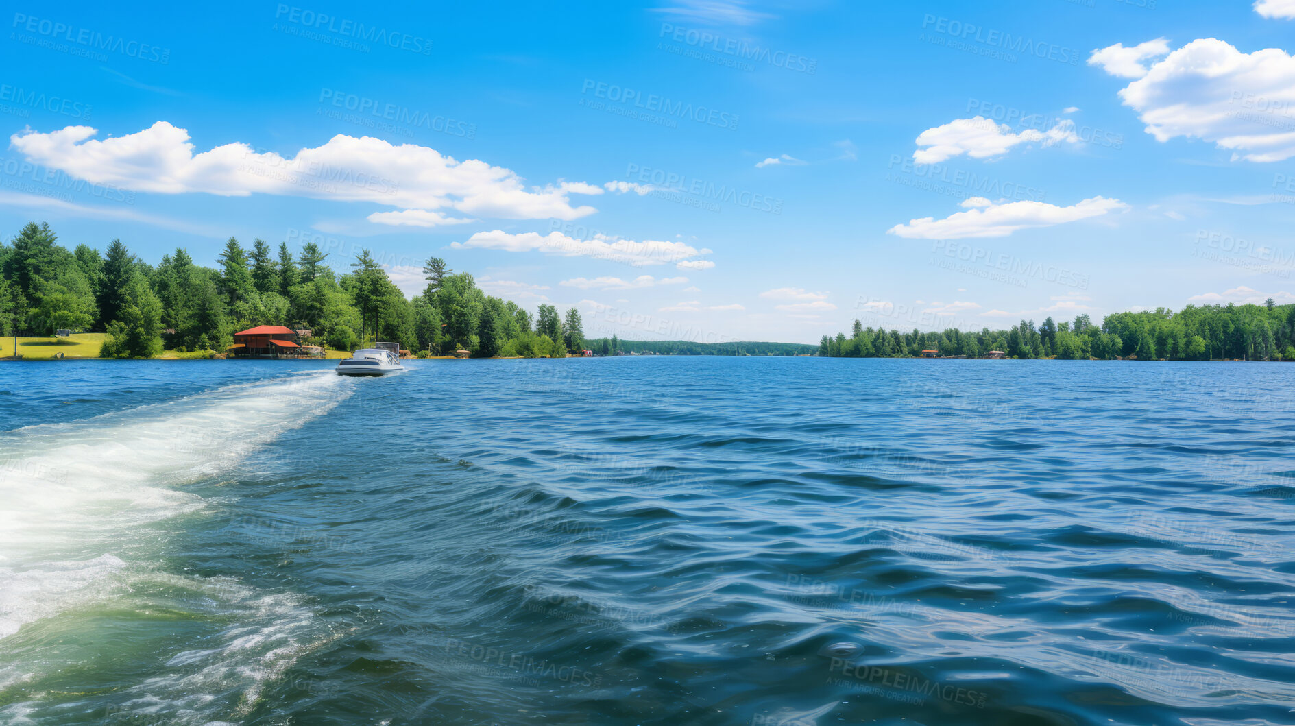 Buy stock photo Point of view  shot of  boat trail on crystal clear lake. Vacation, summer, travel