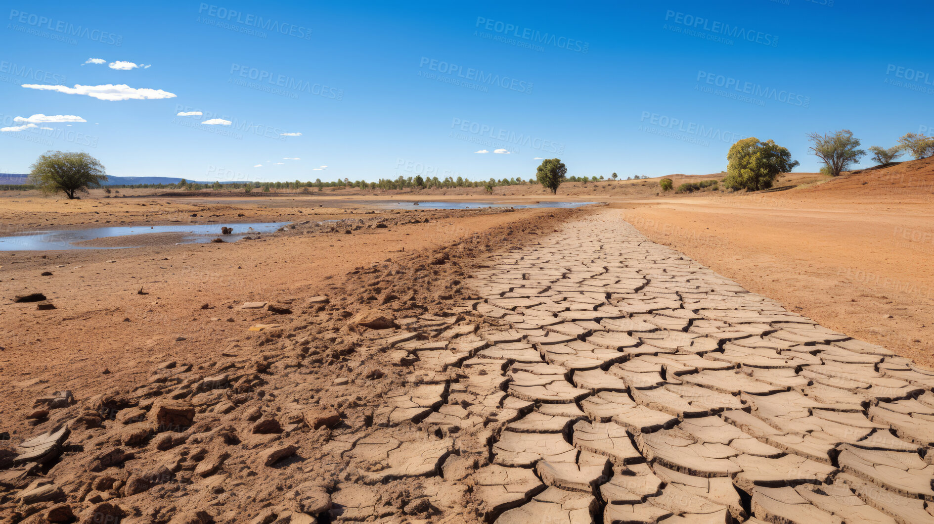 Buy stock photo Dried up lake in desert area. Dry cracked soil. Global warming concept.