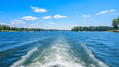 Point of view shot of boat trail on crystal clear lake. Vacation, summer, travel