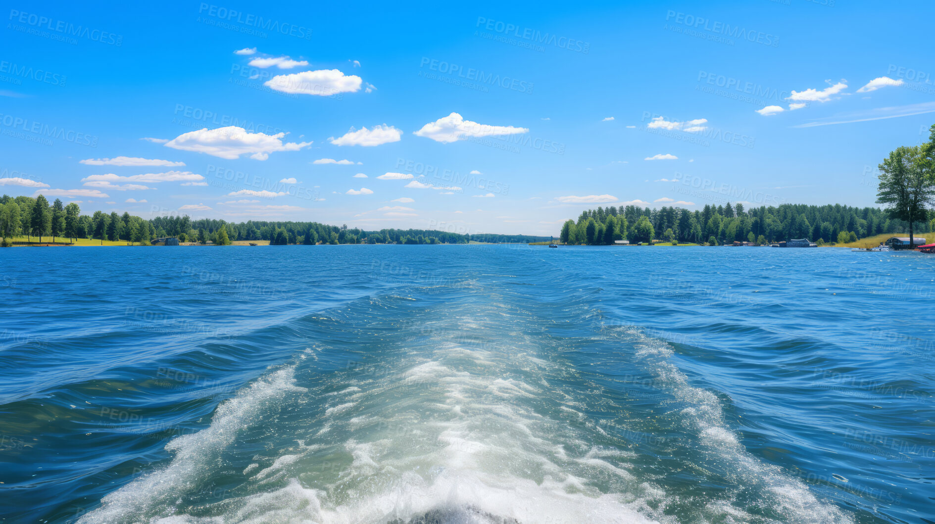 Buy stock photo Point of view  shot of  boat trail on crystal clear lake. Vacation, summer, travel