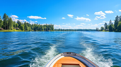 Point of view shot of boat on crystal clear lake. Vacation, summer, travel concept.
