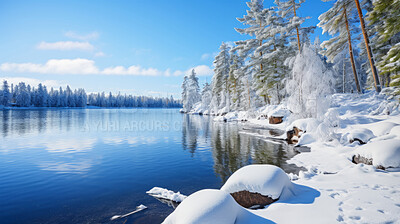 View of beautiful lake in winter. Forest, ground covered in snow.Travel concept