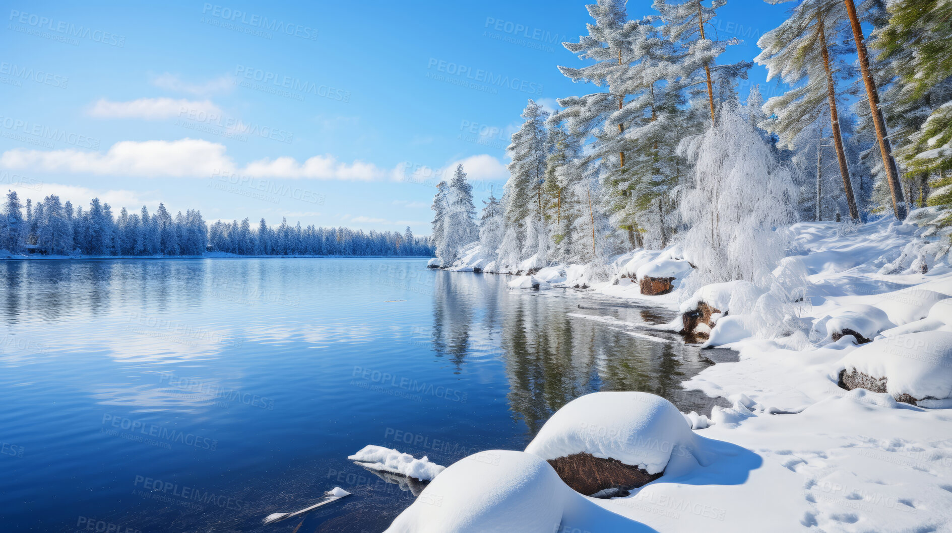 Buy stock photo View of beautiful lake in winter. Forest, ground covered in snow.Travel concept