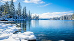 View of beautiful lake in winter. Forest, ground covered in snow.Travel concept