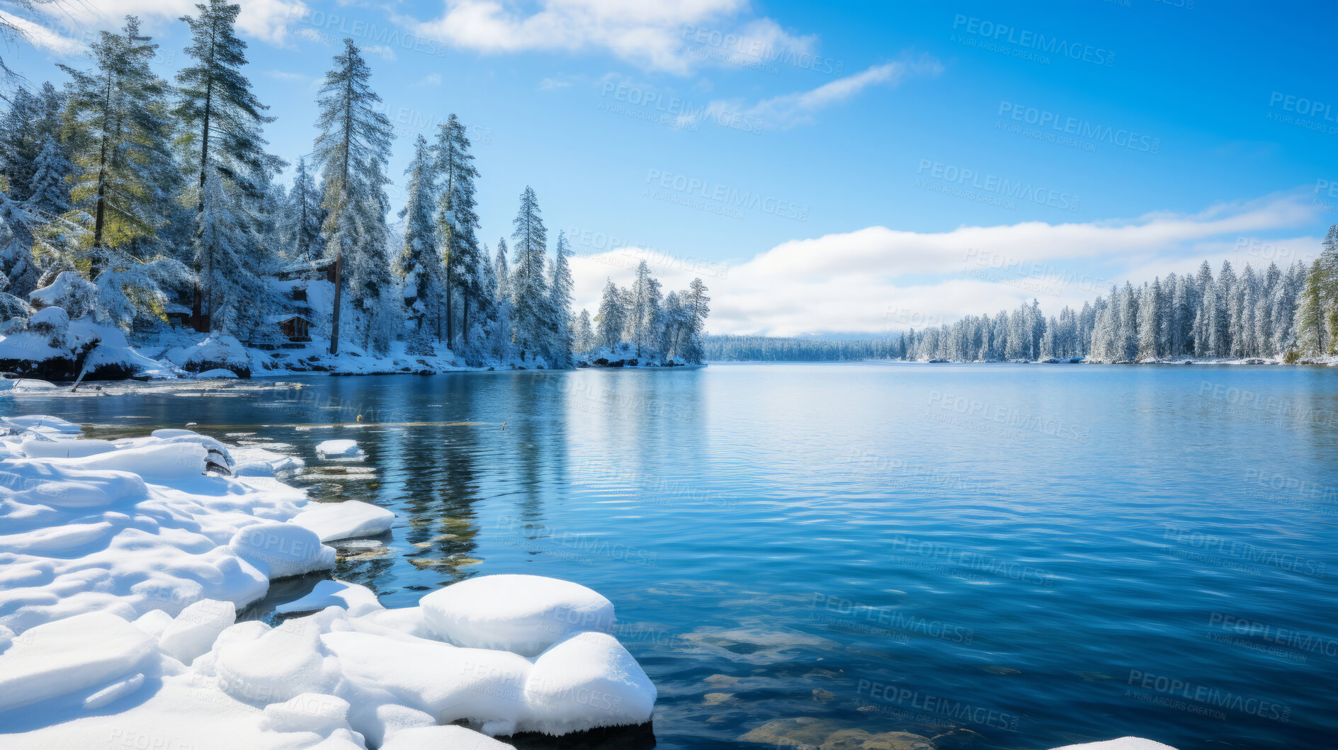 Buy stock photo View of beautiful lake in winter. Forest, ground covered in snow.Travel concept