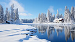 View of beautiful lake in winter. Forest, ground covered in snow.Travel concept