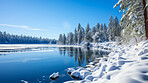 View of beautiful lake in winter. Forest, ground covered in snow.Travel concept