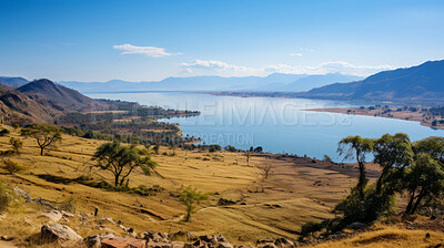 Buy stock photo High mountain view of beautiful lake. Landscape view with sky and forest.