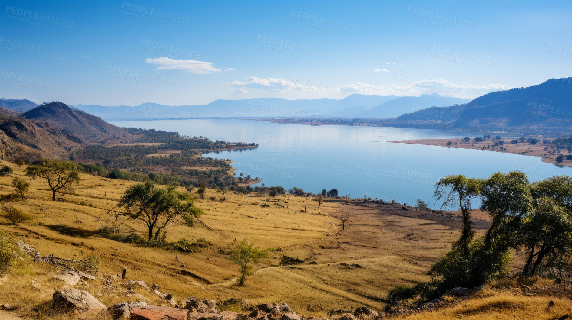 Buy stock photo High mountain view of beautiful lake. Landscape view with sky and forest.