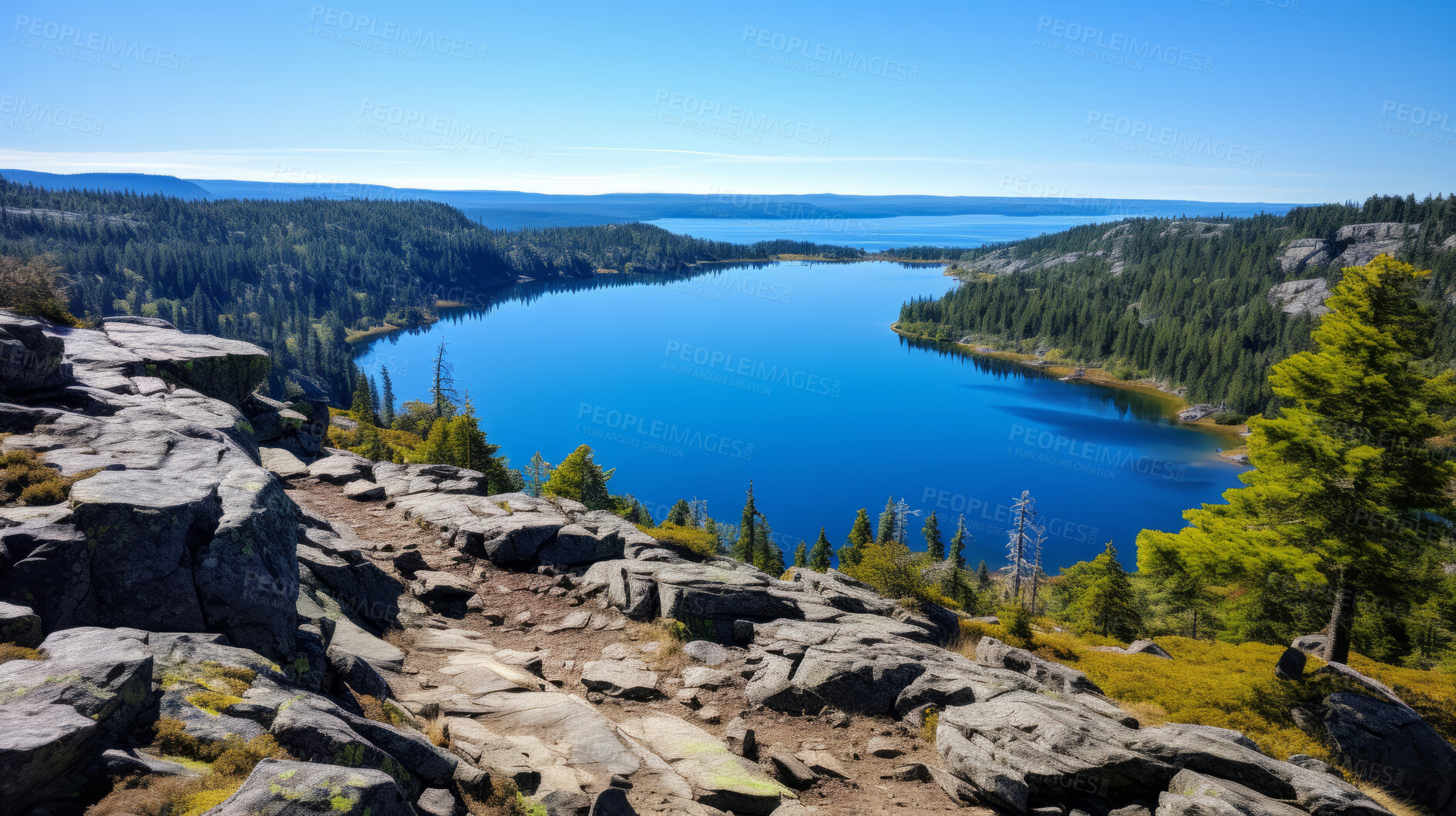 Buy stock photo Mountain view of beautiful lake on a summer day. Forest, trees sunshine.