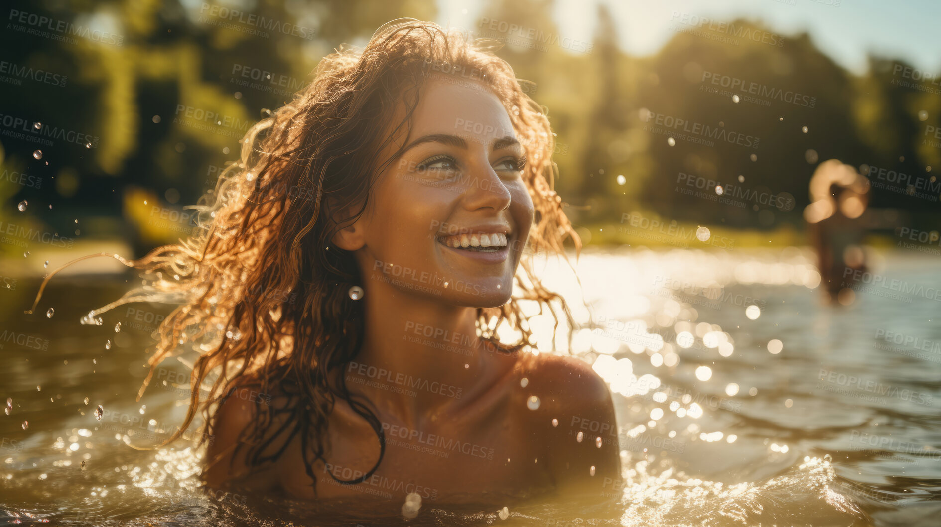 Buy stock photo Young women swimming in lake. Warm summers day.