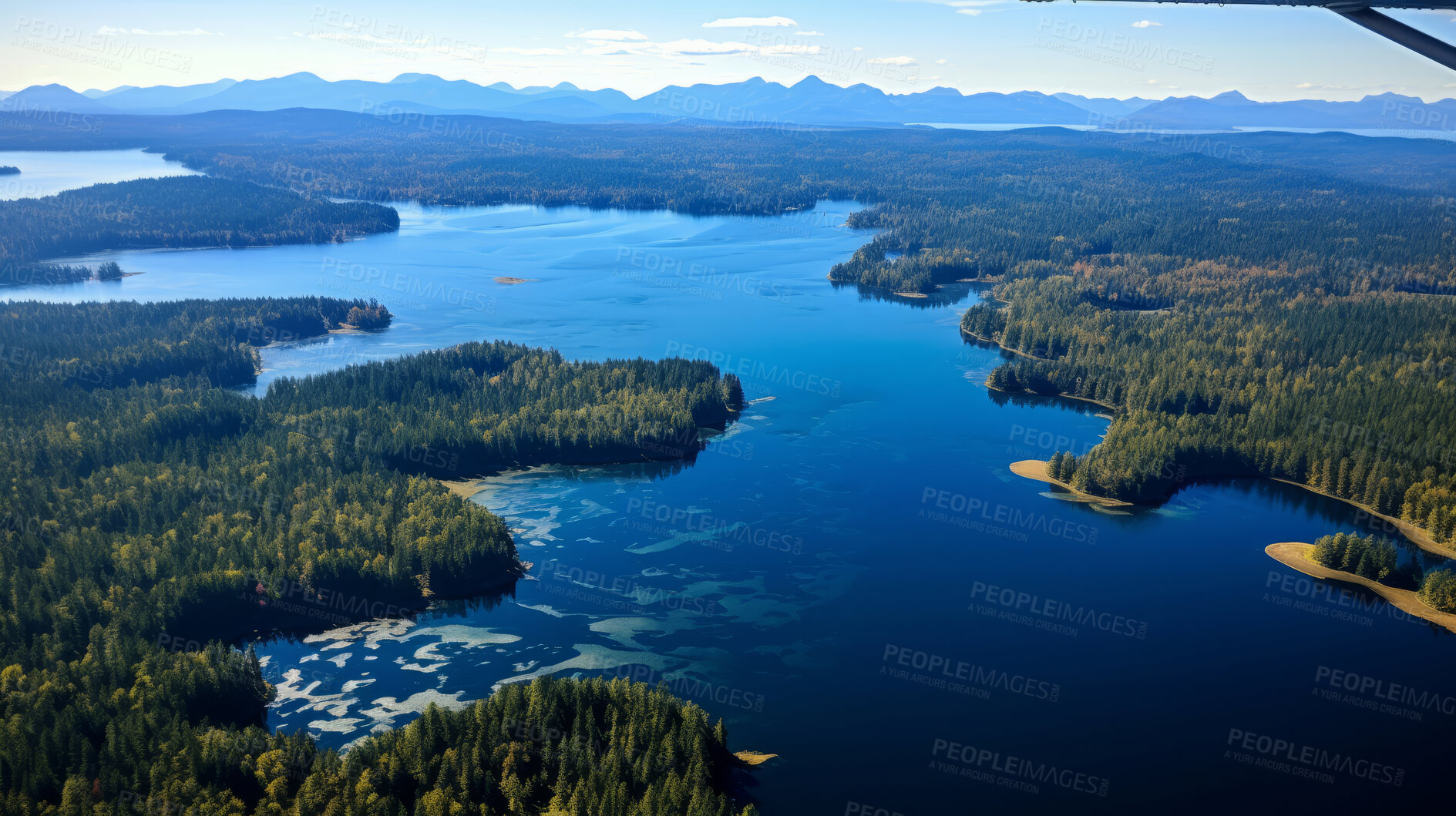 Buy stock photo Birds view of beautiful lake from on a summer day. Forest, trees sunshine.