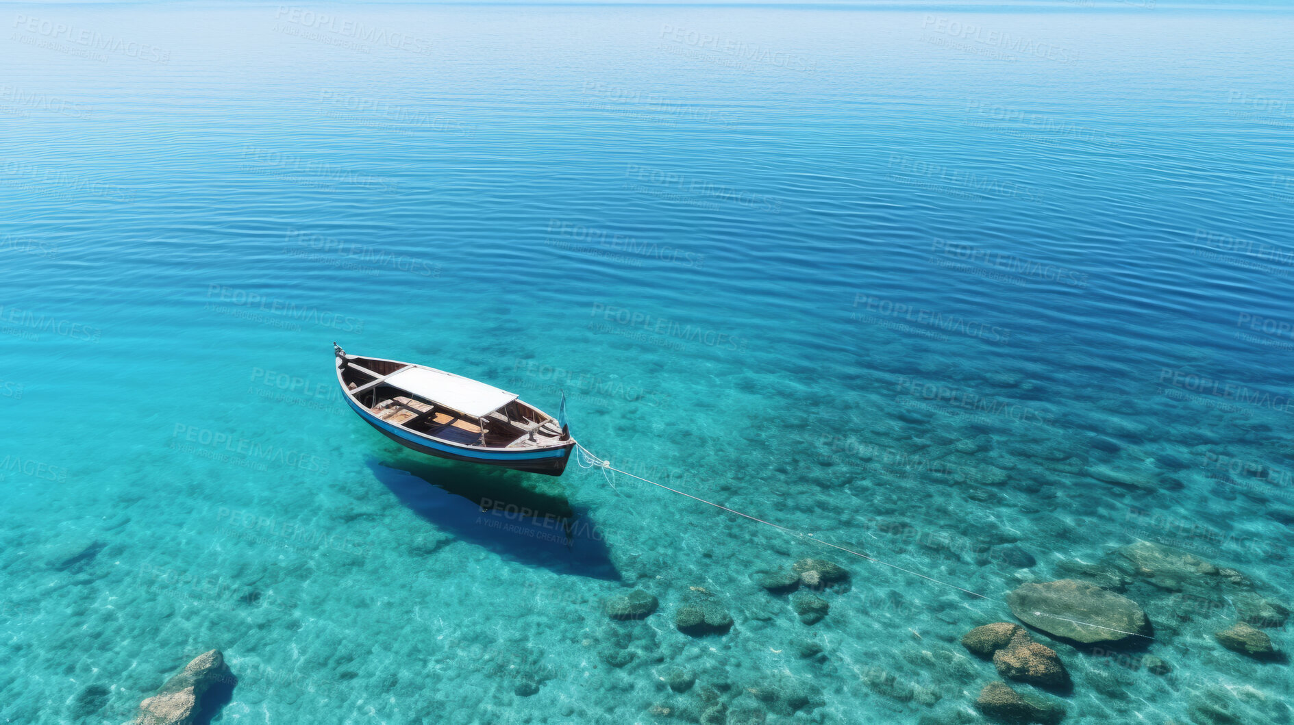 Buy stock photo Top view of fishing boat on crystal clear water. Vacation concept.