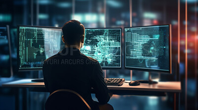 Man, programmer and coding for networking, malware or cyber security specialist.