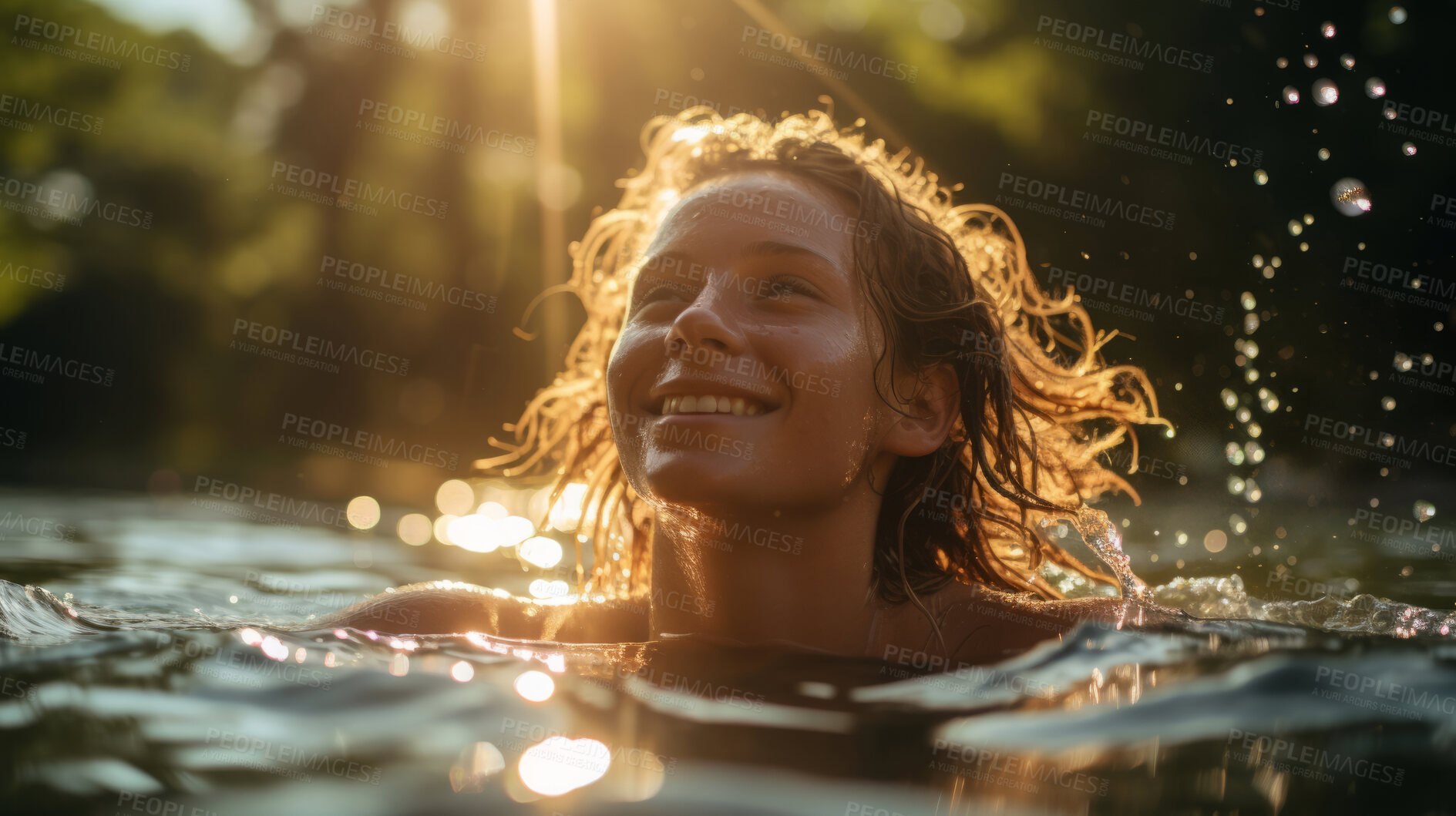 Buy stock photo Young women swimming in lake. Warm summers day. Sun flare reflecting on water.