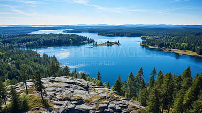 Buy stock photo Mountain view of beautiful lake on a summer day. Forest, trees sunshine.