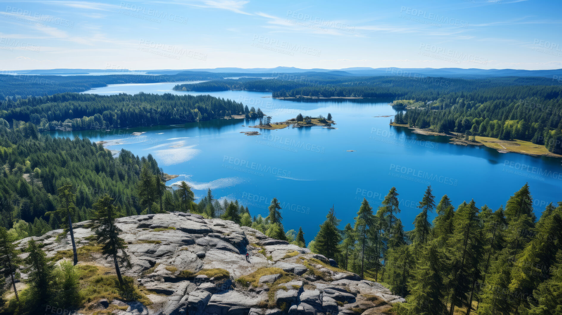 Buy stock photo Mountain view of beautiful lake on a summer day. Forest, trees sunshine.