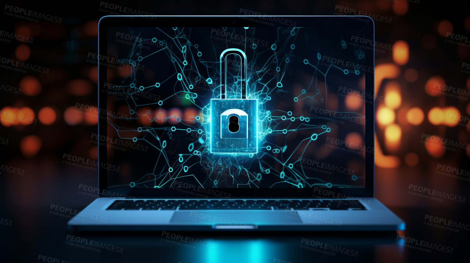 Buy stock photo Laptop cyber security, protection and data concept. Padlock for business privacy