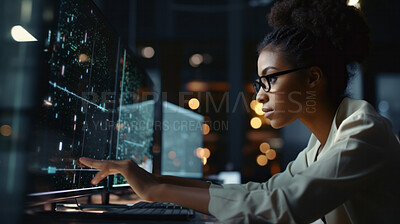 Woman, programmer and coding for networking, malware or cyber security specialist.