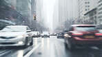 View of city road with cars or traffic in winter snowfall blizzard. Traffic in cold weather