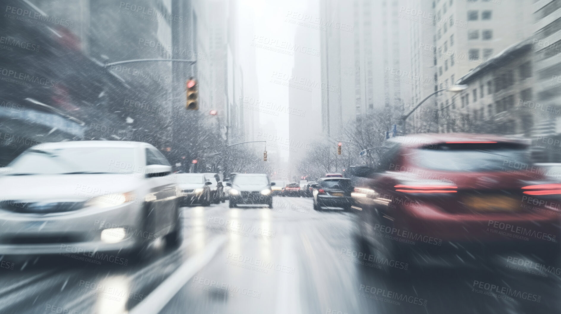 Buy stock photo View of city road with cars or traffic in winter snowfall blizzard. Traffic in cold weather