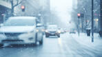 View of city road with cars or traffic in winter snowfall blizzard. Traffic in cold weather