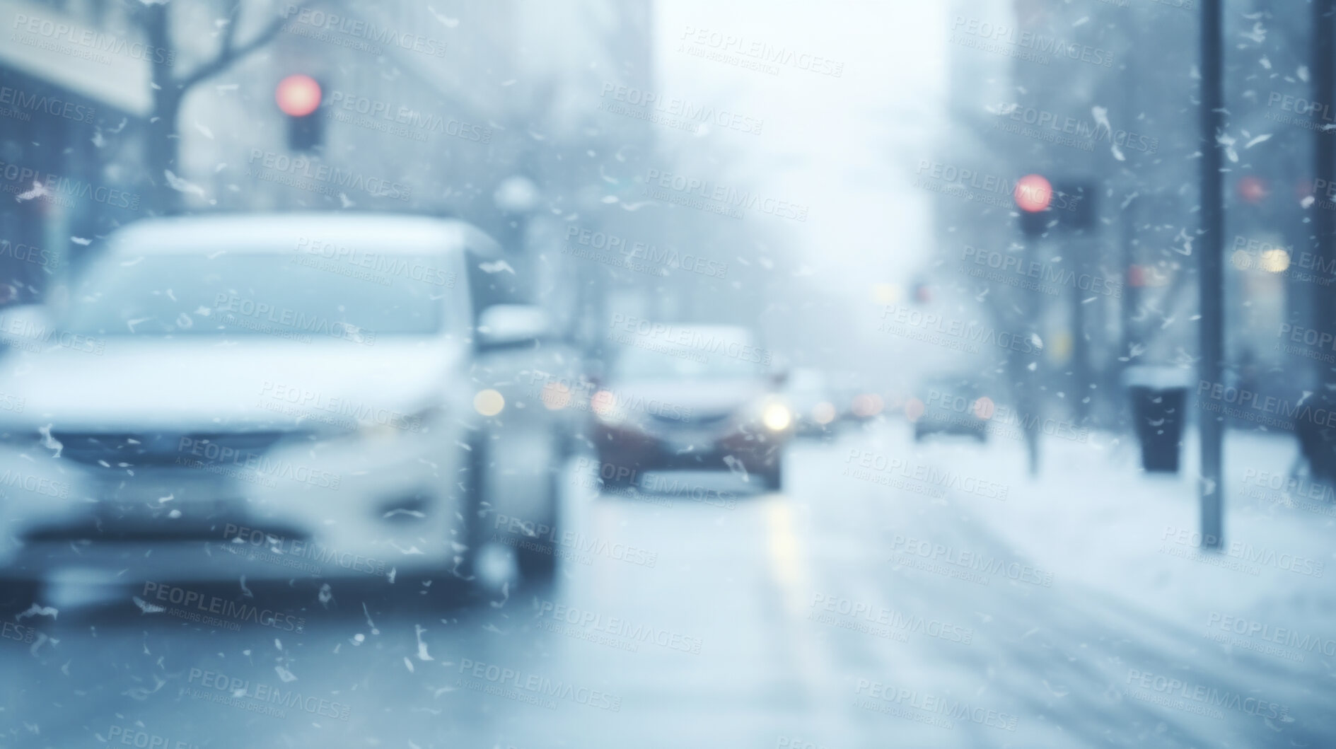 Buy stock photo View of city road with cars or traffic in winter snowfall blizzard. Traffic in cold weather