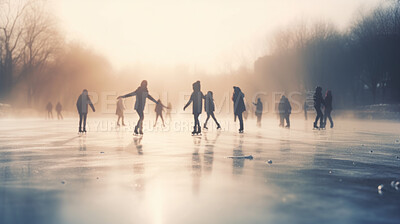 Group of people ice skating in city park, at sunset or sunrise. Healthy outdoor winter activity