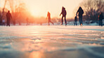 Group of people ice skating in city park, at sunset or sunrise. Healthy outdoor winter activity