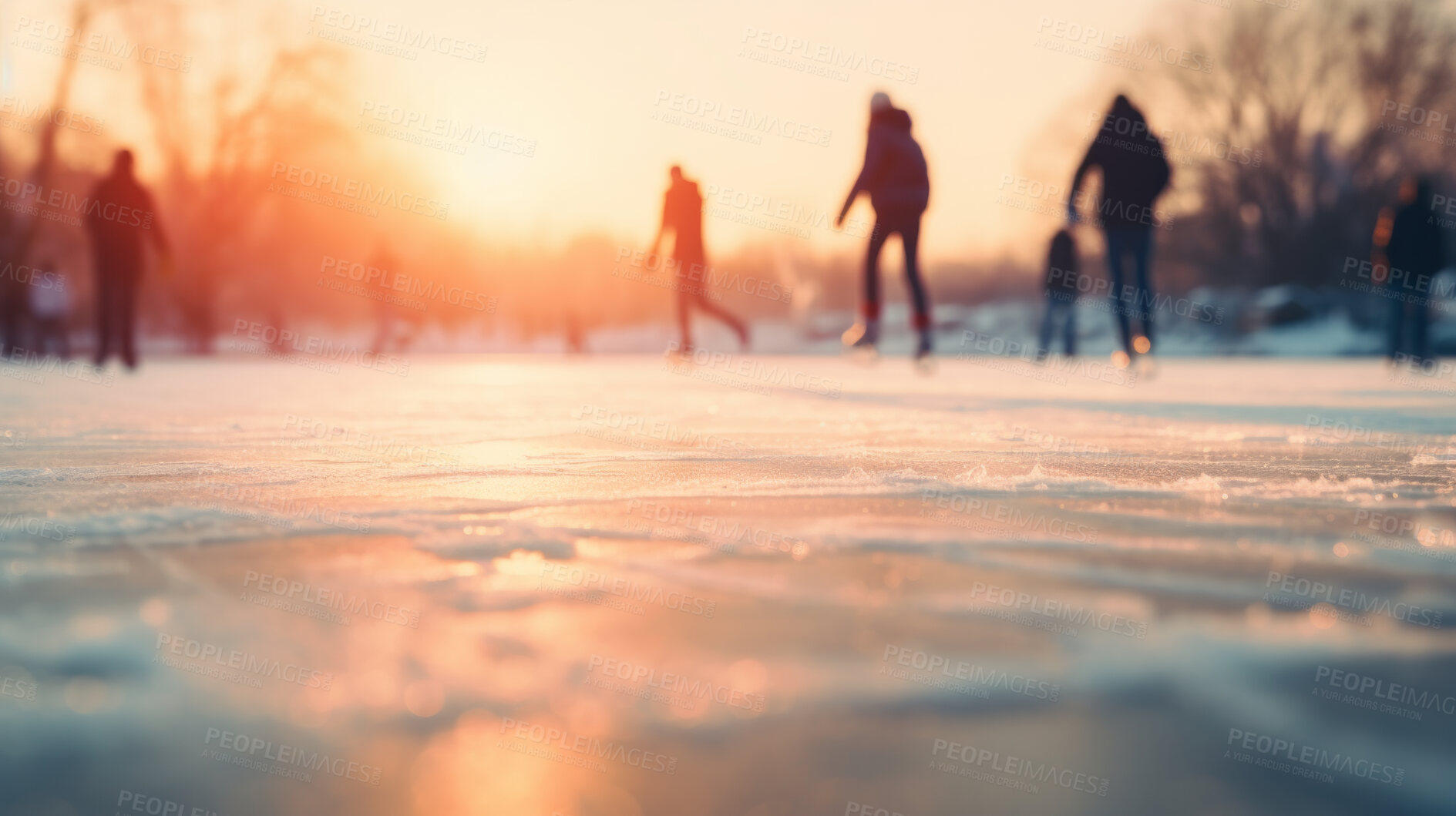 Buy stock photo Group of people ice skating in city park, at sunset or sunrise. Healthy outdoor winter activity