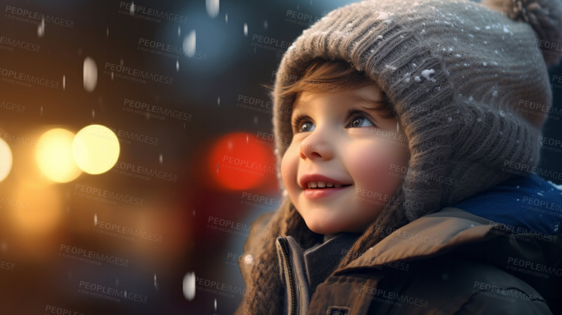 Buy stock photo Toddler child cheerfully looking up at falling snow in winter or christmas season