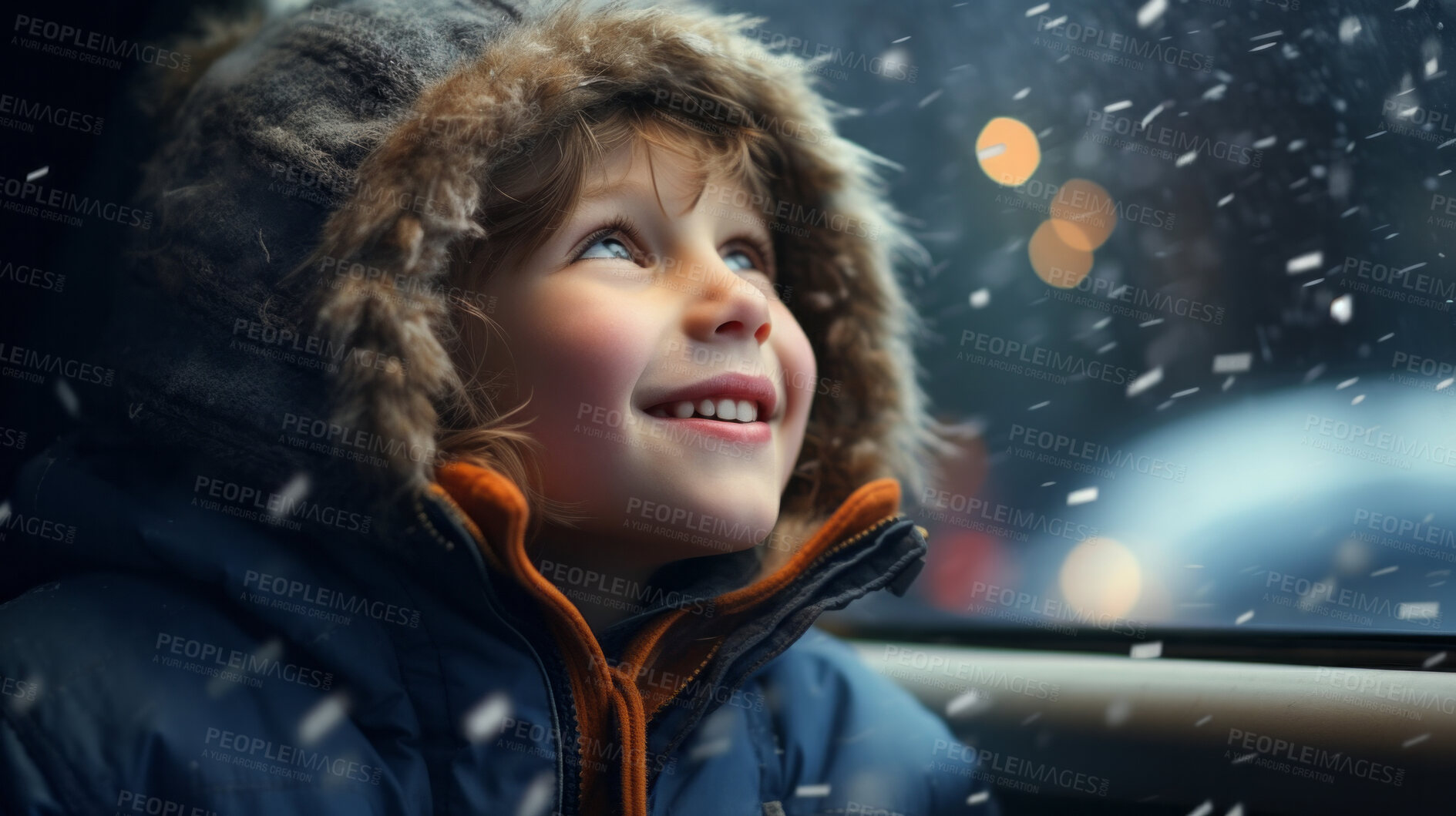 Buy stock photo Toddler child cheerfully looking up at falling snow in winter or christmas season