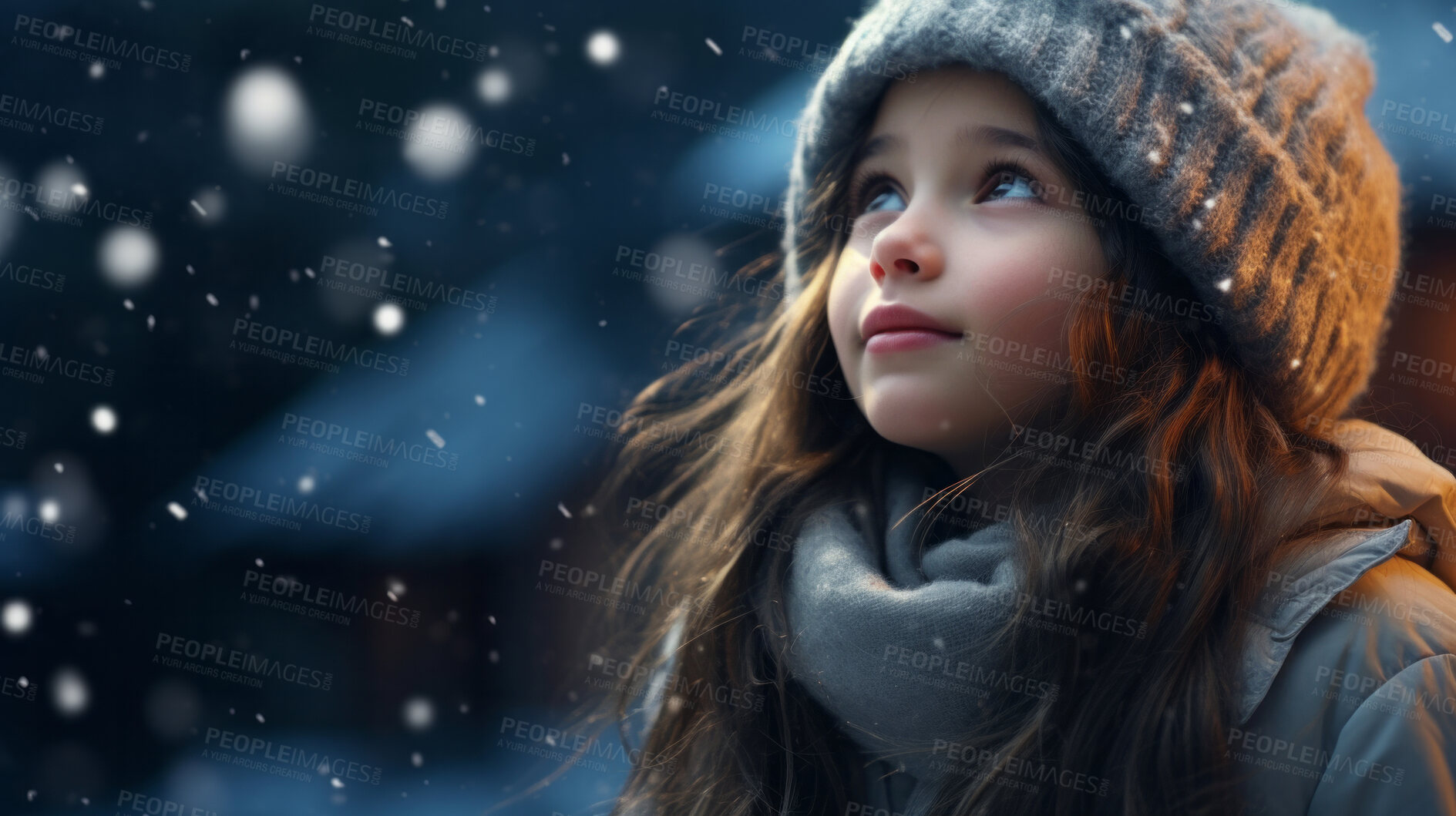 Buy stock photo Toddler child cheerfully looking up at falling snow in winter or christmas season