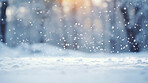 Winter snow background with snow-covered trees in the forest. Snow fall with bokeh