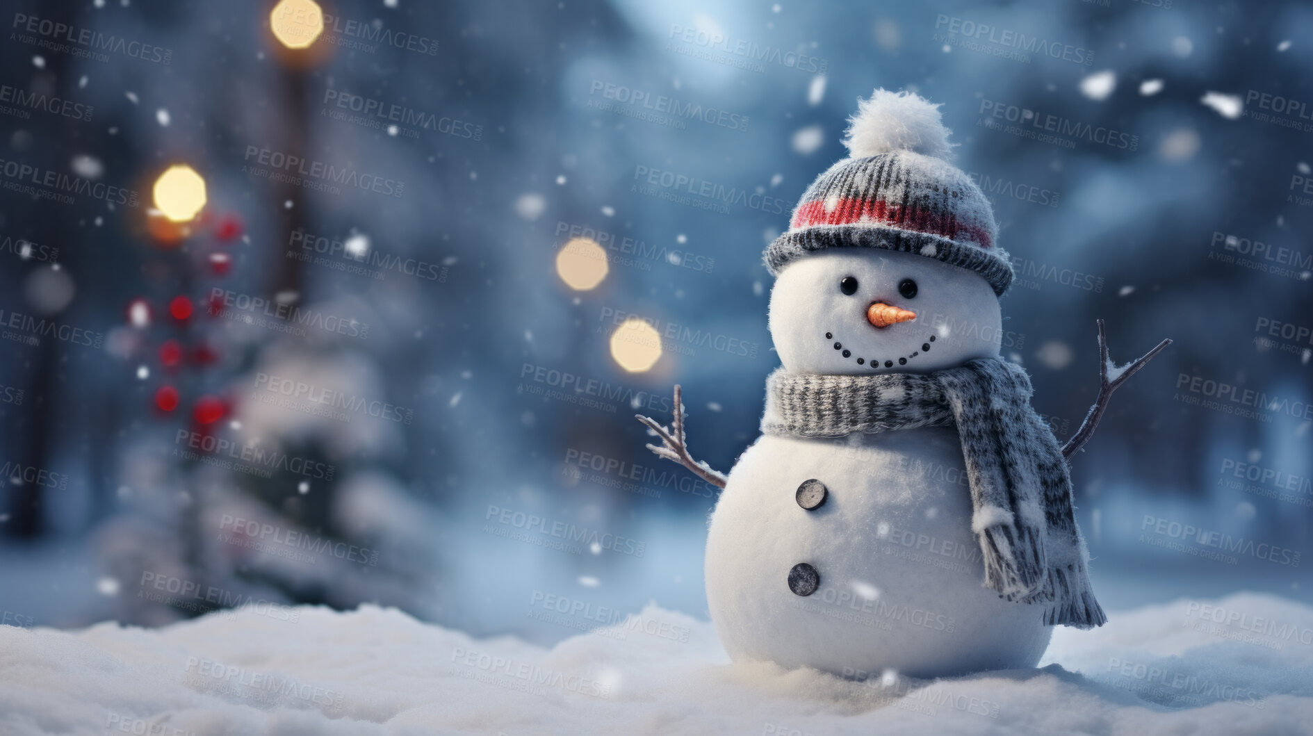 Buy stock photo Happy snowman in winter scenery with copy space. Snowman in a cap and a scarf