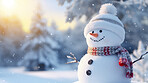 Happy snowman in winter scenery with copy space. Snowman in a cap and a scarf