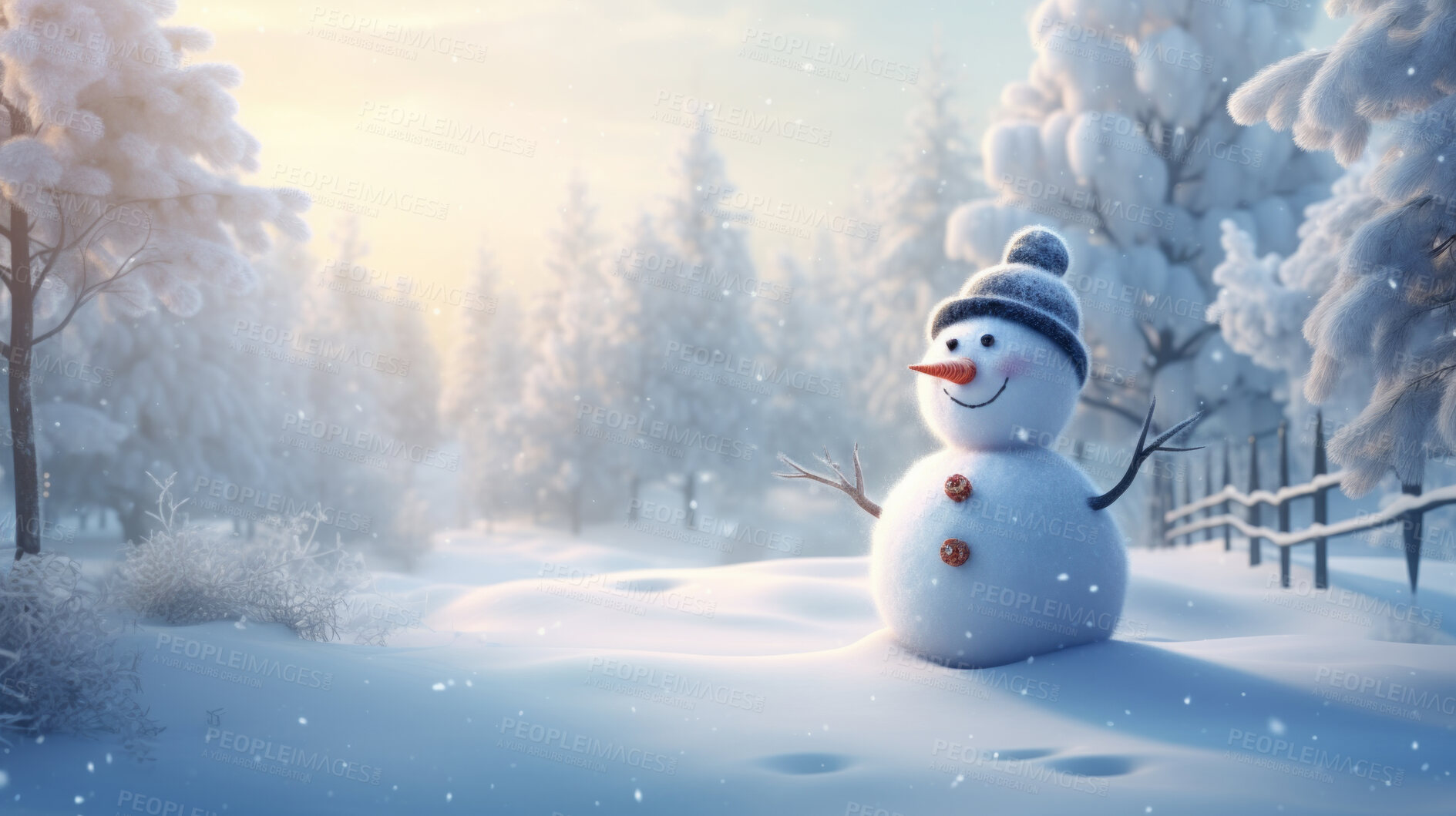 Buy stock photo Happy snowman in winter scenery with copy space. Snowman in a cap background