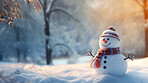 Happy snowman in winter scenery with copy space. Snowman in a cap and a scarf