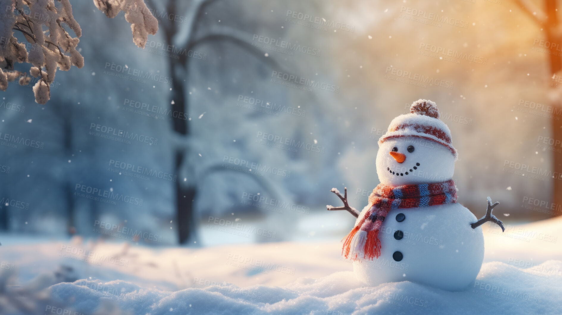 Buy stock photo Happy snowman in winter scenery with copy space. Snowman in a cap and a scarf