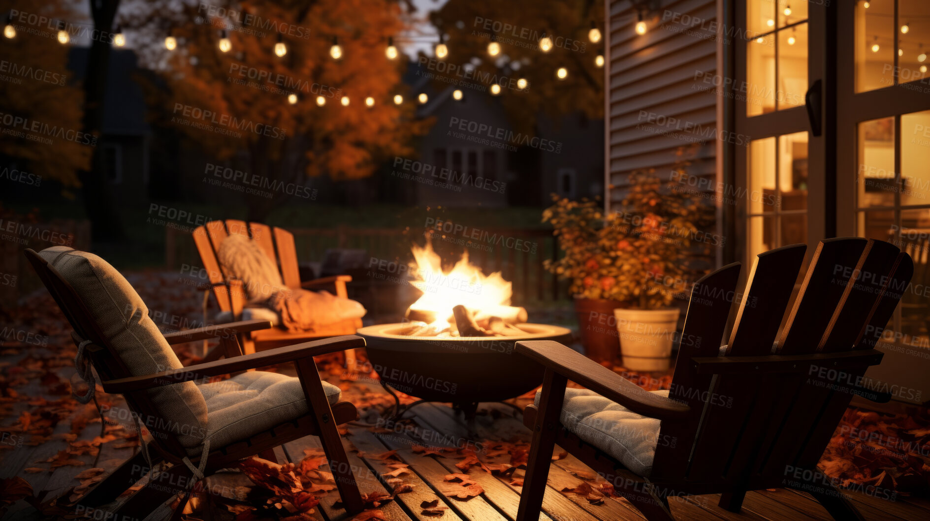 Buy stock photo Cozy autumn patio fire with chairs. Late night by the fire pit and fairy lights in background