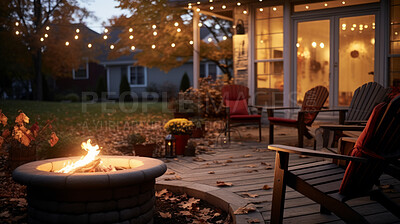 Cozy autumn patio fire with chairs. Late night by the fire pit and fairy lights in background
