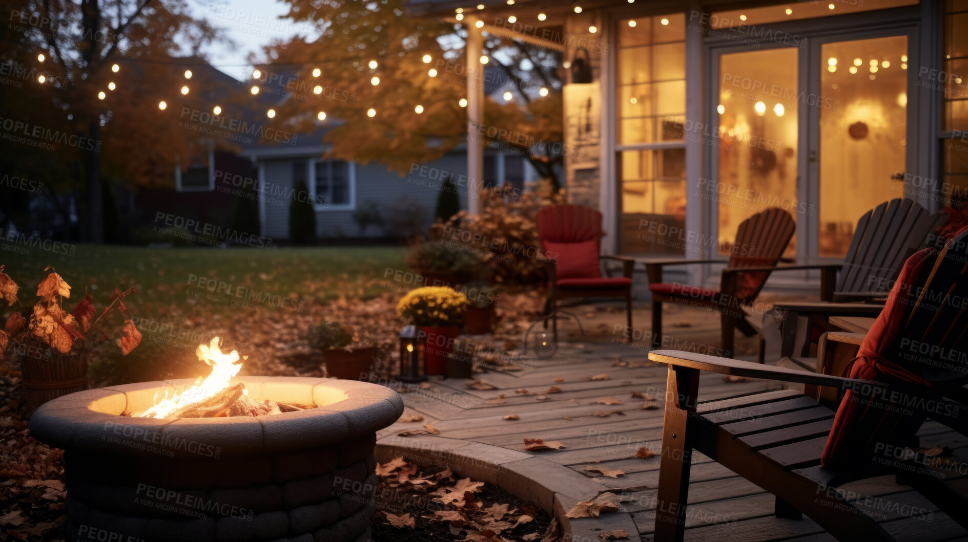 Buy stock photo Cozy autumn patio fire with chairs. Late night by the fire pit and fairy lights in background