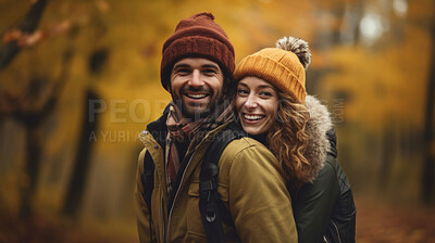 Buy stock photo Happy couple in a autumn forest. Young couple in love having fun enjoying nature