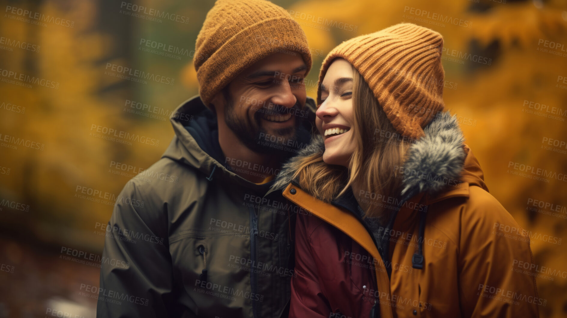 Buy stock photo Happy couple in a autumn forest. Young couple in love having fun enjoying nature