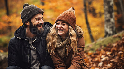 Buy stock photo Happy couple in a autumn forest. Young couple in love having fun enjoying nature